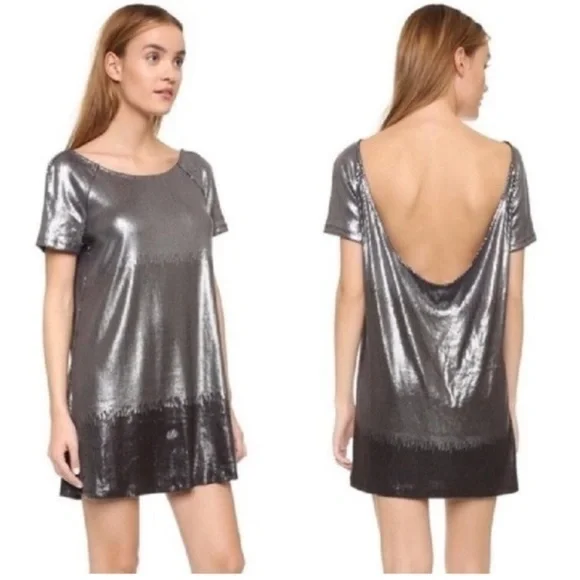 Free People 🖤 Gunmetal Sequined Ombre Backless Oversized Shift Mini Dress, S/XS - Picture 1 of 15